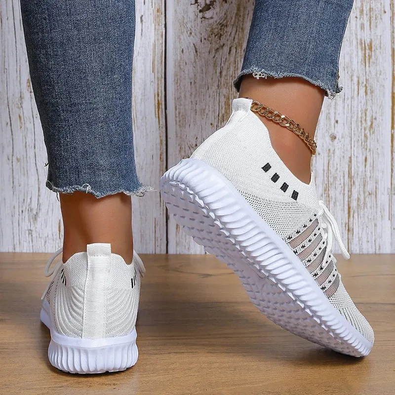 Hnzxzm Breathable Mesh Knitted Casual Shoes Women Autumn Flat Heels White Sneakers Woman Plus Size 43 Anti Slip Vulcanized Shoes