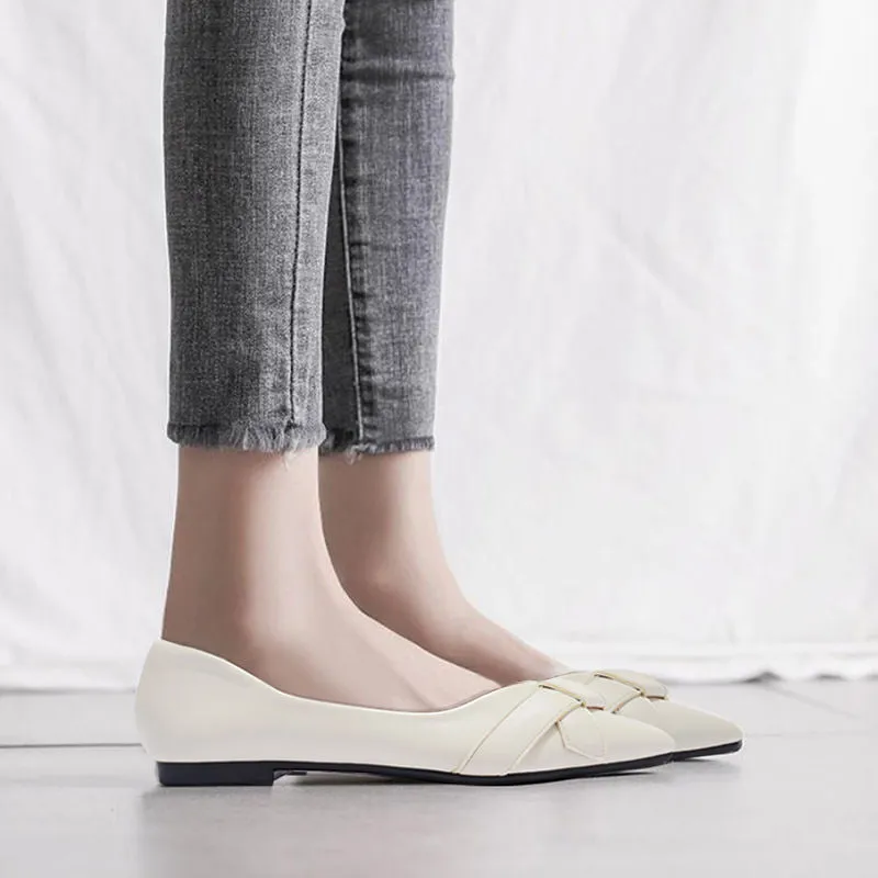 Hnzxzm Fashion Single Shoes Women Flats Soft Leather Office Lady Shoes Pointed toe Flat Shoes Black Green Big Size 42 A4578