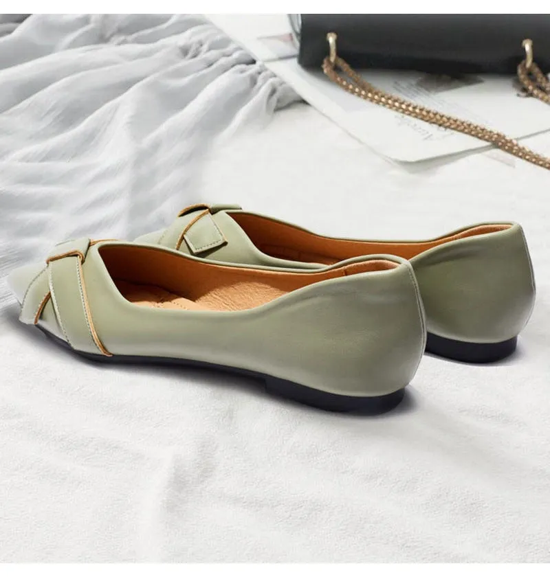 Hnzxzm Fashion Single Shoes Women Flats Soft Leather Office Lady Shoes Pointed toe Flat Shoes Black Green Big Size 42 A4578