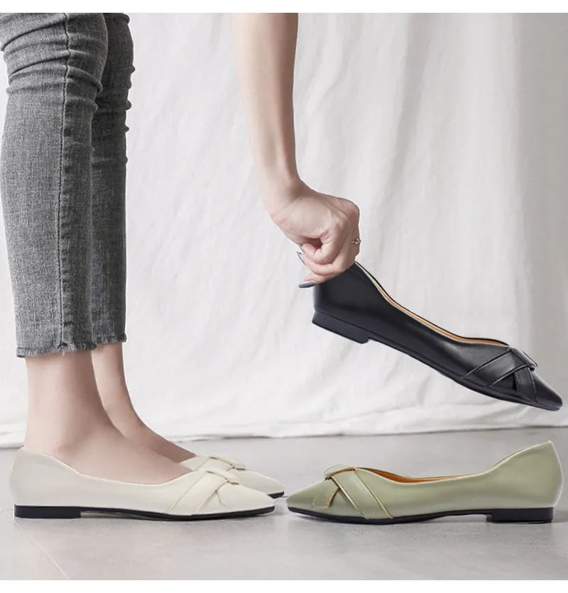 Hnzxzm Fashion Single Shoes Women Flats Soft Leather Office Lady Shoes Pointed toe Flat Shoes Black Green Big Size 42 A4578