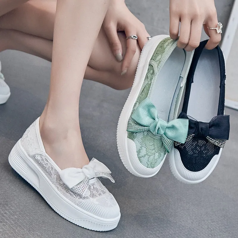 Hnzxzm Fashion Summer Shoes Women Flats Butterfly knot Elegant Ladies Casual Shoes Thick Sole Sweet Women Shoes White Green A4526