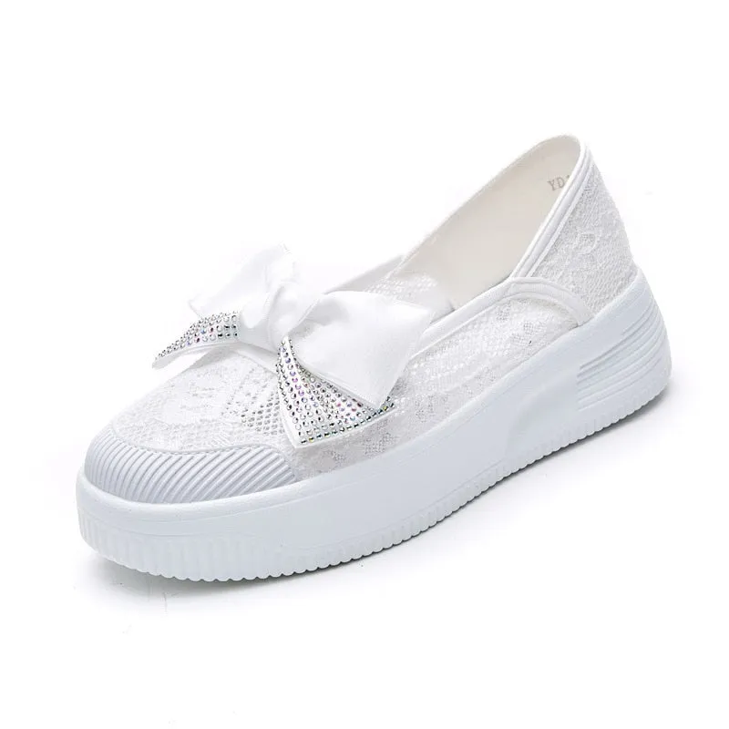 Hnzxzm Fashion Summer Shoes Women Flats Butterfly knot Elegant Ladies Casual Shoes Thick Sole Sweet Women Shoes White Green A4526