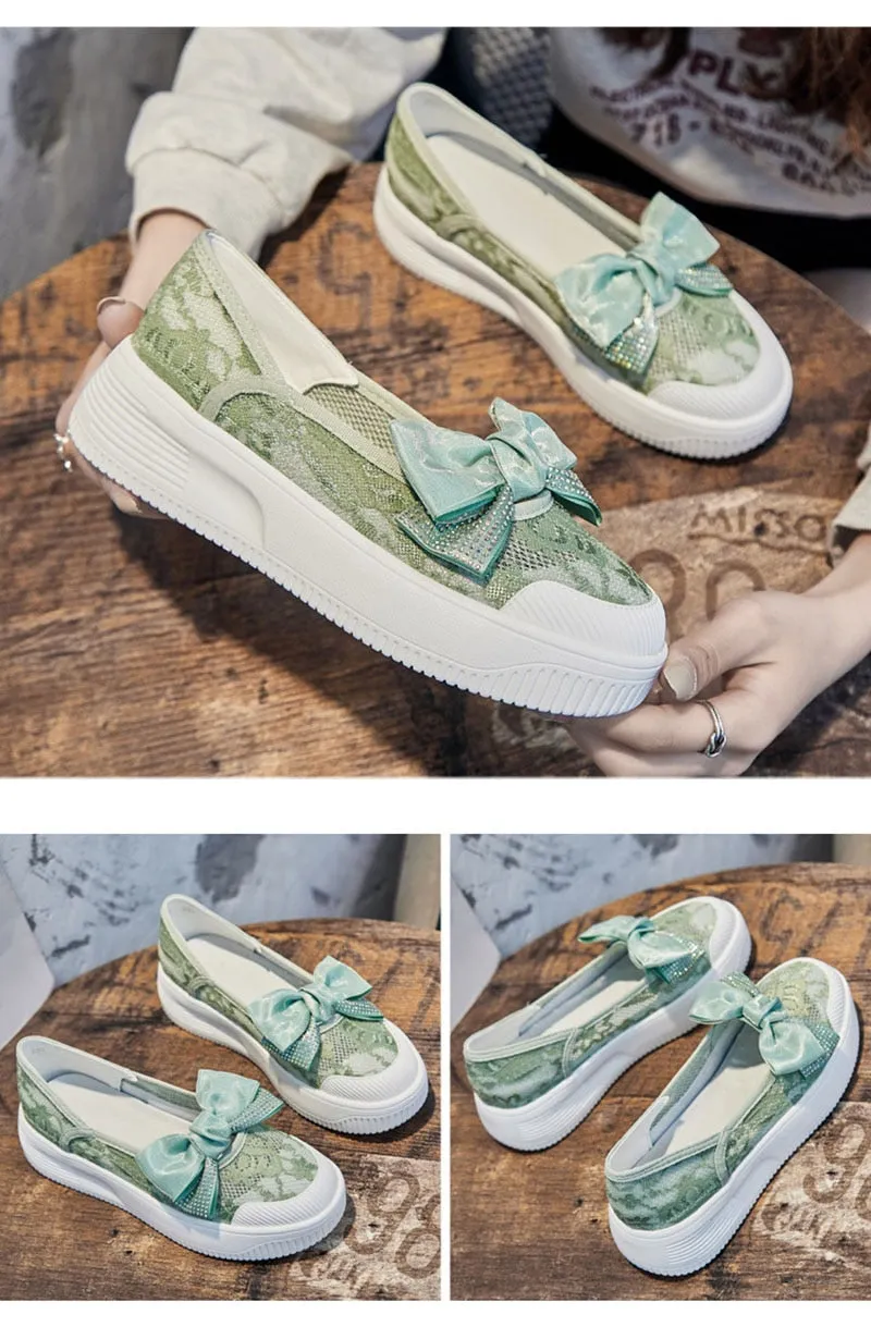 Hnzxzm Fashion Summer Shoes Women Flats Butterfly knot Elegant Ladies Casual Shoes Thick Sole Sweet Women Shoes White Green A4526