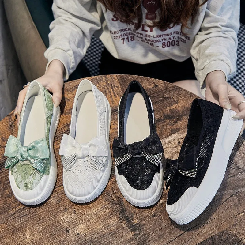 Hnzxzm Fashion Summer Shoes Women Flats Butterfly knot Elegant Ladies Casual Shoes Thick Sole Sweet Women Shoes White Green A4526