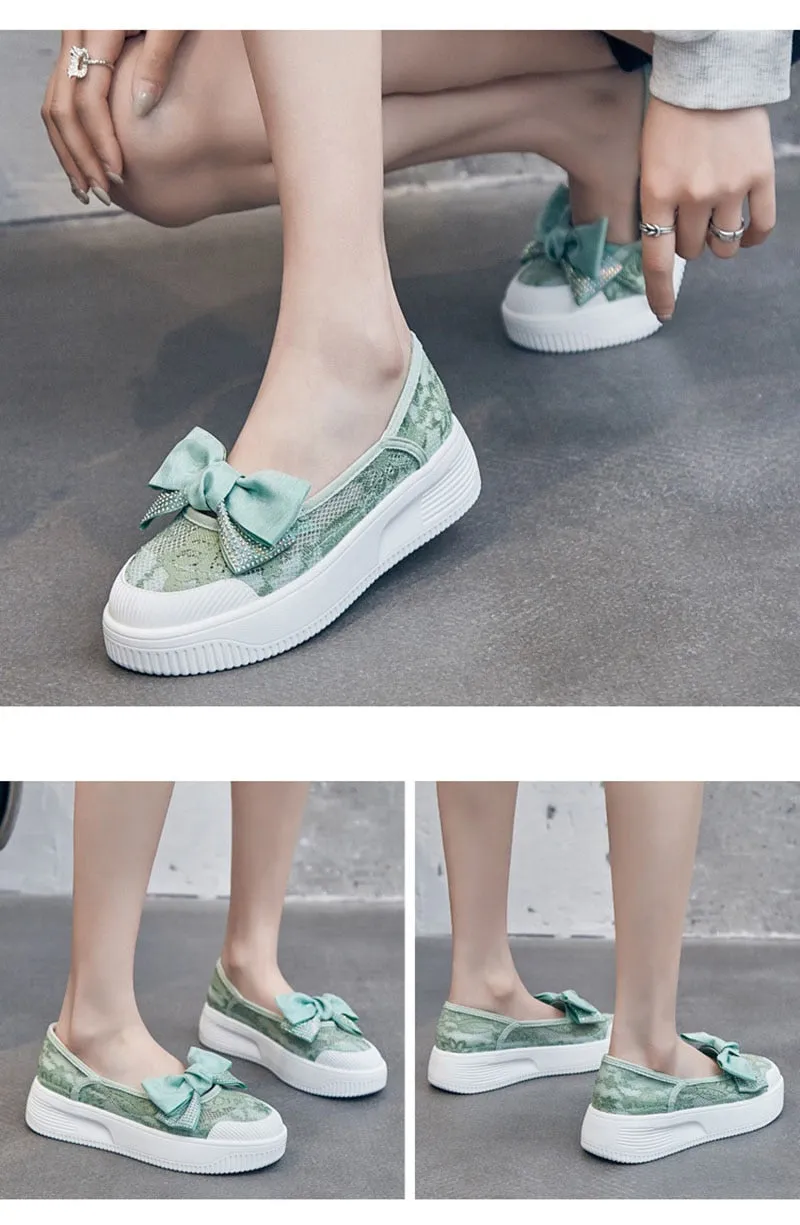Hnzxzm Fashion Summer Shoes Women Flats Butterfly knot Elegant Ladies Casual Shoes Thick Sole Sweet Women Shoes White Green A4526