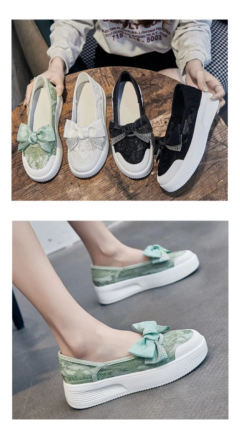 Hnzxzm Fashion Summer Shoes Women Flats Butterfly knot Elegant Ladies Casual Shoes Thick Sole Sweet Women Shoes White Green A4526