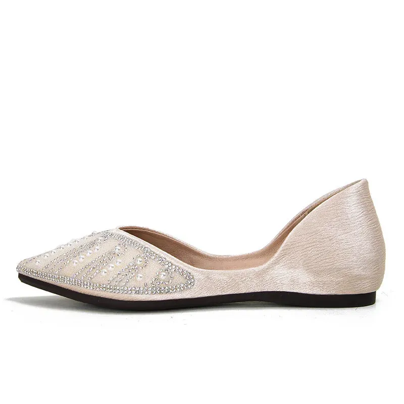 Sohiwoo New Women Flat Ballet Shoes String Bead Bling Crystal  Pointed Toe Flats Shoes Elegant Lady Shoes Wedding Shoes Plus Size 43