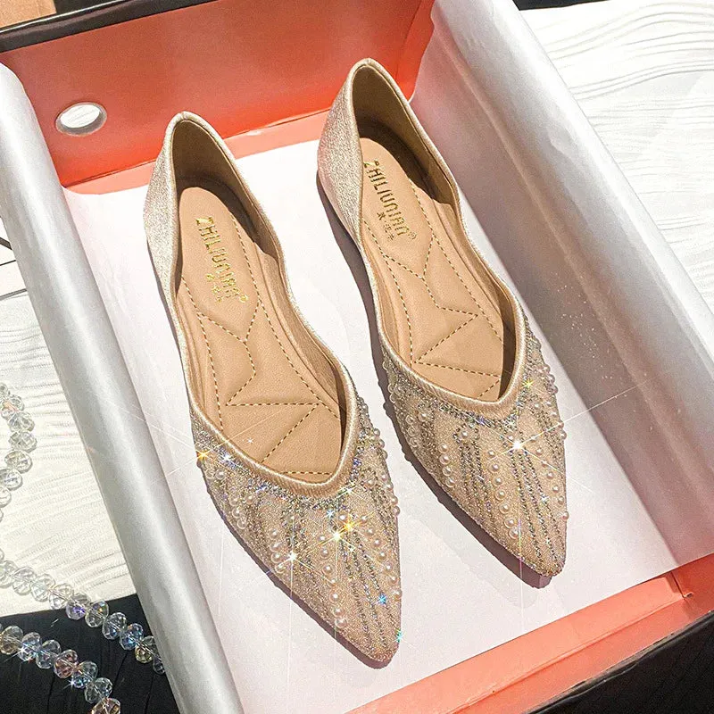Sohiwoo New Women Flat Ballet Shoes String Bead Bling Crystal  Pointed Toe Flats Shoes Elegant Lady Shoes Wedding Shoes Plus Size 43