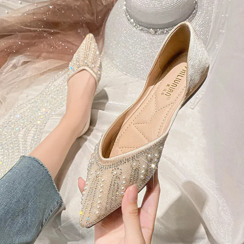 Sohiwoo New Women Flat Ballet Shoes String Bead Bling Crystal  Pointed Toe Flats Shoes Elegant Lady Shoes Wedding Shoes Plus Size 43