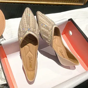 Sohiwoo New Women Flat Ballet Shoes String Bead Bling Crystal  Pointed Toe Flats Shoes Elegant Lady Shoes Wedding Shoes Plus Size 43