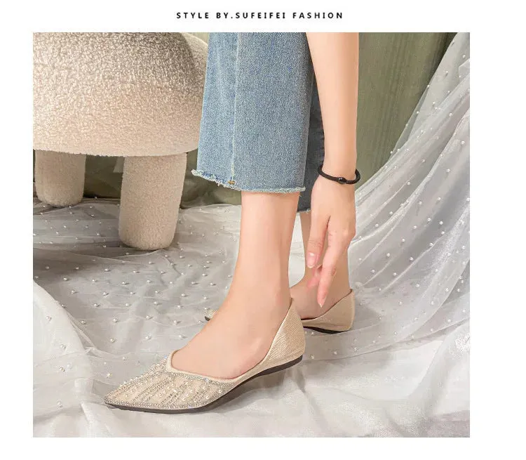 Sohiwoo New Women Flat Ballet Shoes String Bead Bling Crystal  Pointed Toe Flats Shoes Elegant Lady Shoes Wedding Shoes Plus Size 43