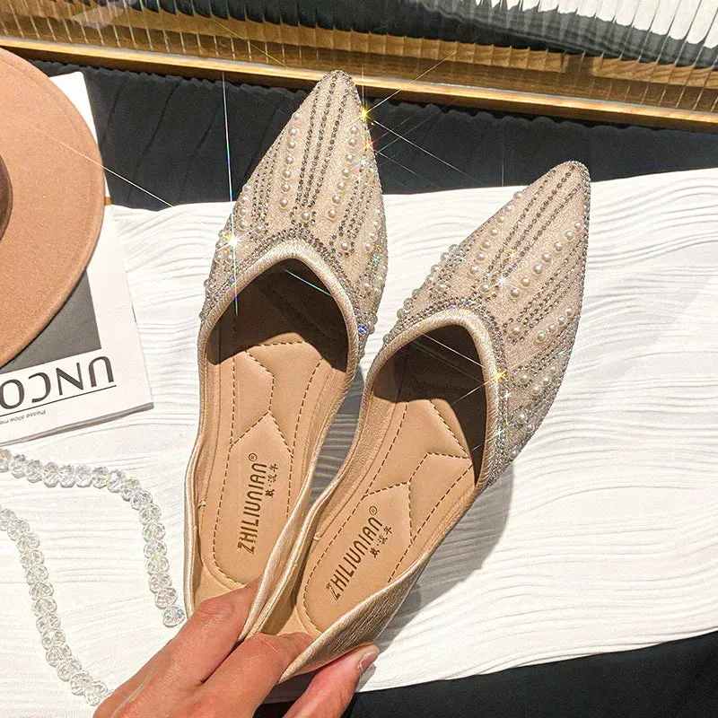 Sohiwoo New Women Flat Ballet Shoes String Bead Bling Crystal  Pointed Toe Flats Shoes Elegant Lady Shoes Wedding Shoes Plus Size 43