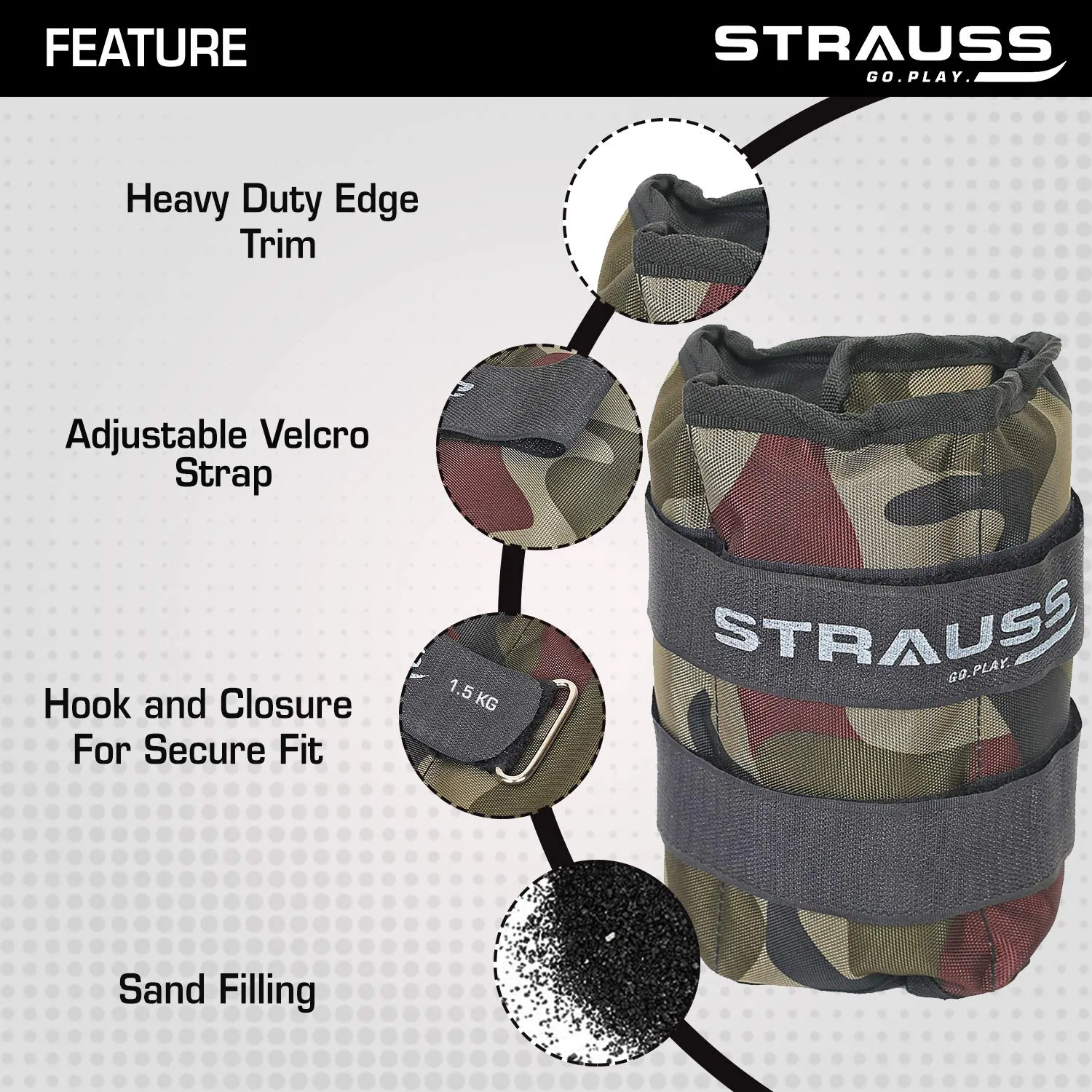 Strauss Adjustable Ankle/Wrist Weights 1.5 KG X 2 | Ideal for Walking, Running, Jogging, Cycling, Gym, Workout & Strength Training | Easy to Use on Ankle, Wrist, Leg, (Camouflage)