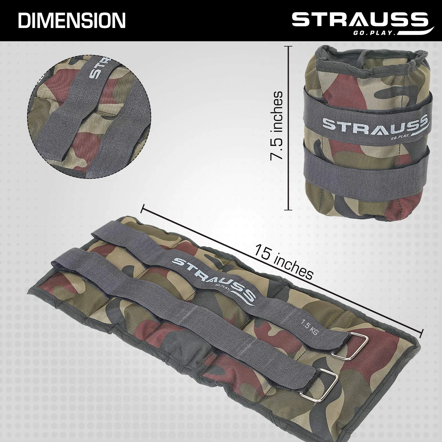 Strauss Adjustable Ankle/Wrist Weights 1.5 KG X 2 | Ideal for Walking, Running, Jogging, Cycling, Gym, Workout & Strength Training | Easy to Use on Ankle, Wrist, Leg, (Camouflage)