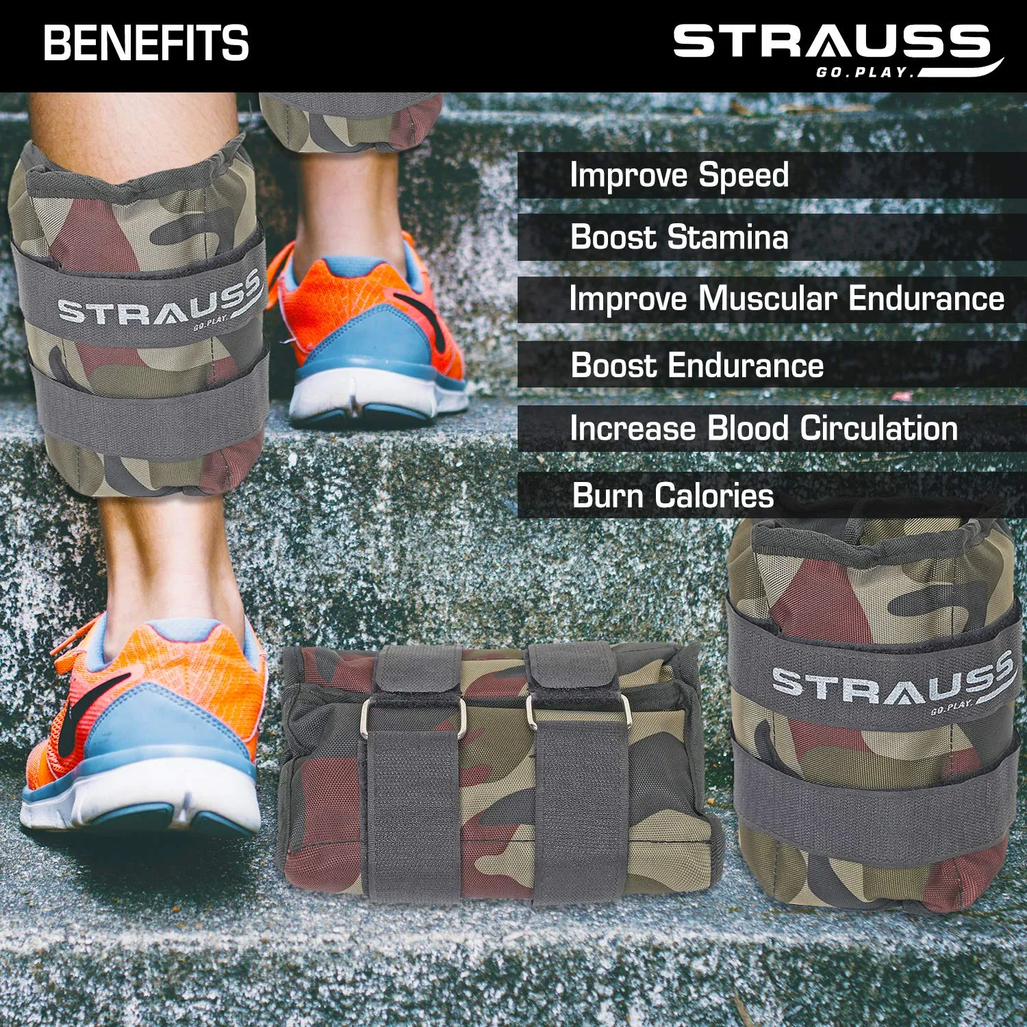 Strauss Adjustable Ankle/Wrist Weights 1.5 KG X 2 | Ideal for Walking, Running, Jogging, Cycling, Gym, Workout & Strength Training | Easy to Use on Ankle, Wrist, Leg, (Camouflage)