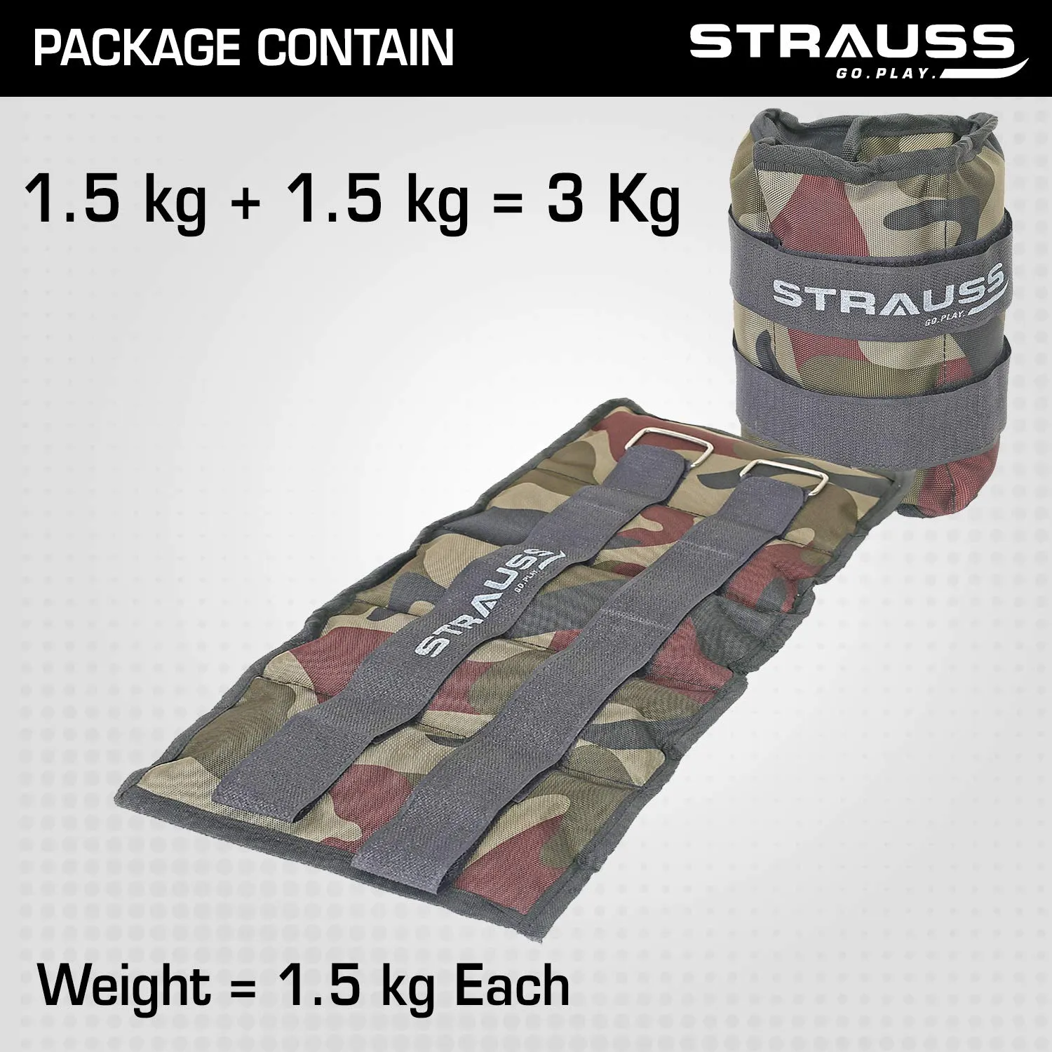 Strauss Adjustable Ankle/Wrist Weights 1.5 KG X 2 | Ideal for Walking, Running, Jogging, Cycling, Gym, Workout & Strength Training | Easy to Use on Ankle, Wrist, Leg, (Camouflage)