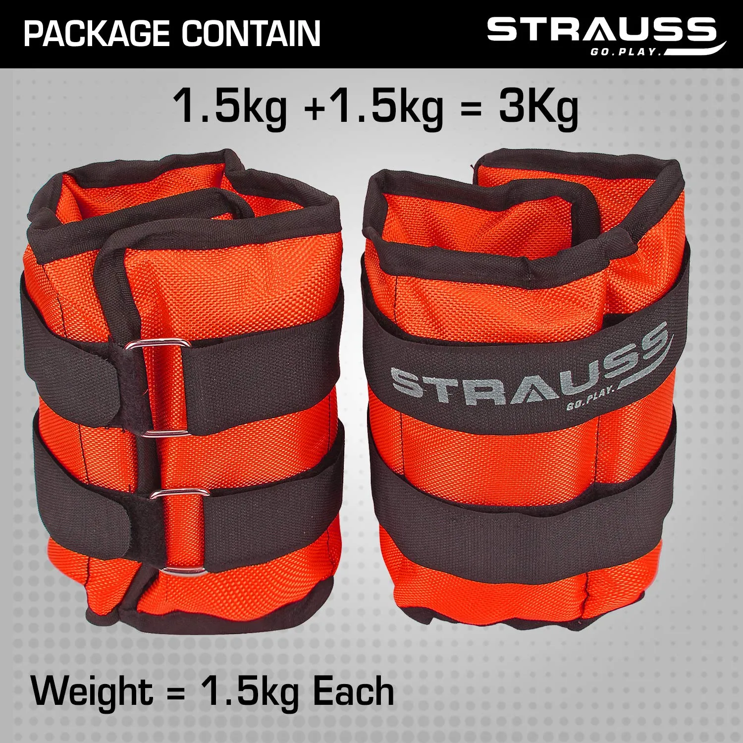 Strauss Adjustable Ankle/Wrist Weights 1.5 KG X 2 | Ideal for Walking, Running, Jogging, Cycling, Gym, Workout & Strength Training | Easy to Use on Ankle, Wrist, Leg, (Orange)