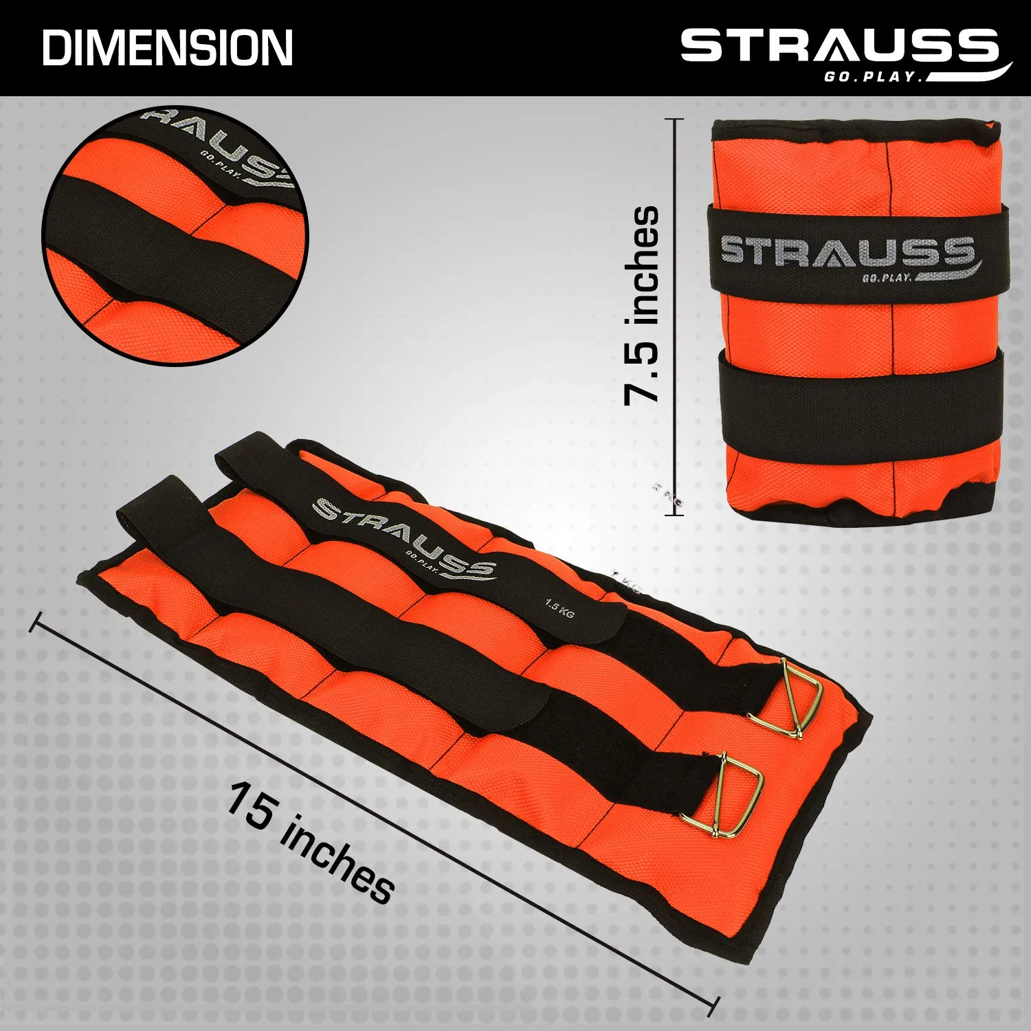 Strauss Adjustable Ankle/Wrist Weights 1.5 KG X 2 | Ideal for Walking, Running, Jogging, Cycling, Gym, Workout & Strength Training | Easy to Use on Ankle, Wrist, Leg, (Orange)